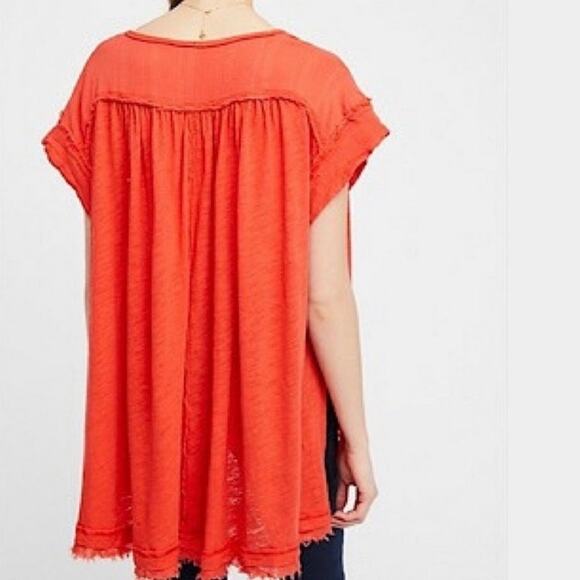 FREE PEOPLE | Aster High-Low Henley Orange Raw Edge Button Oversized | Small - Picture 2 of 11